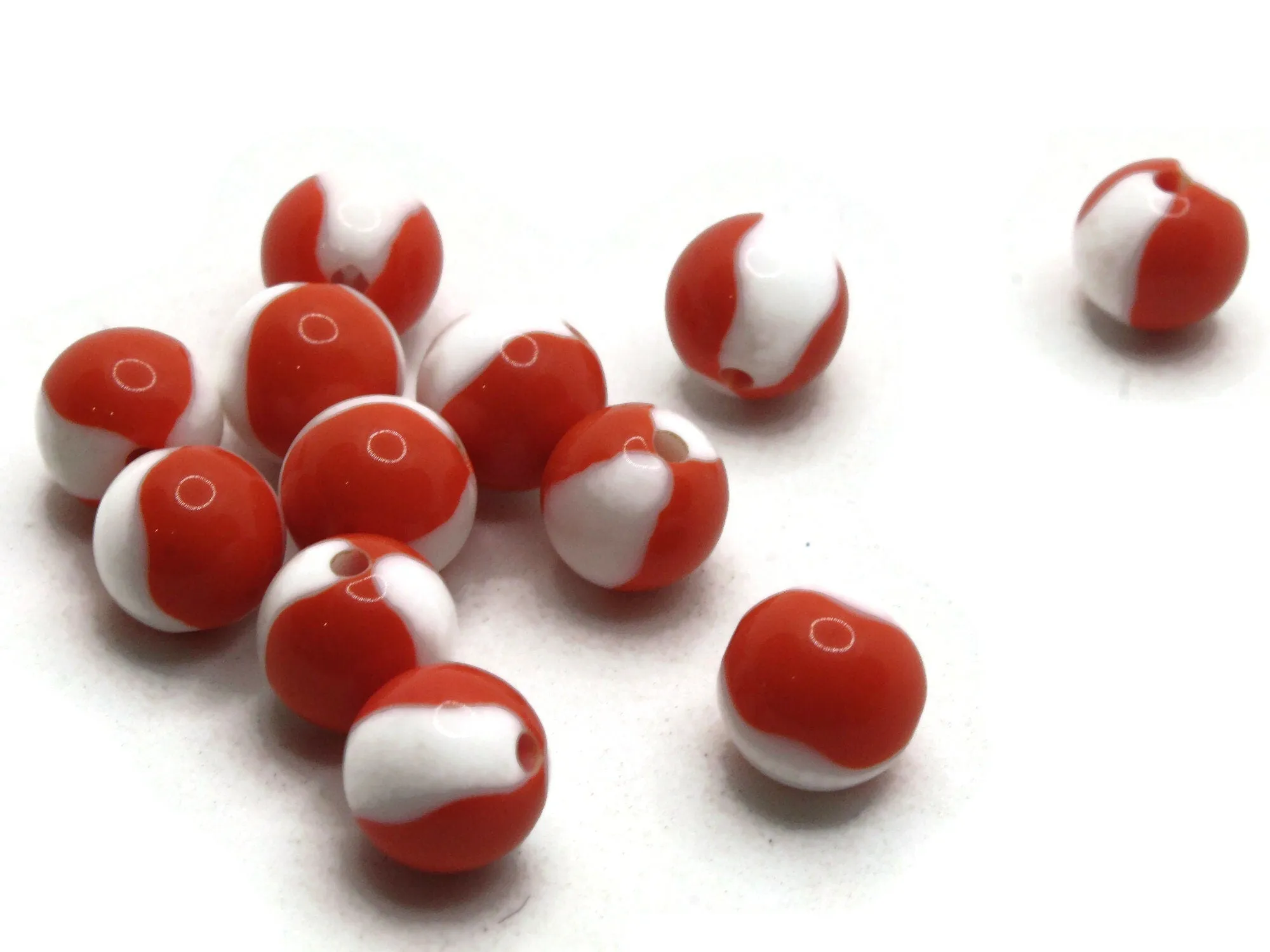 12 10mm Orange and White Vintage Lucite Round Two Tone Plastic Ball Beads