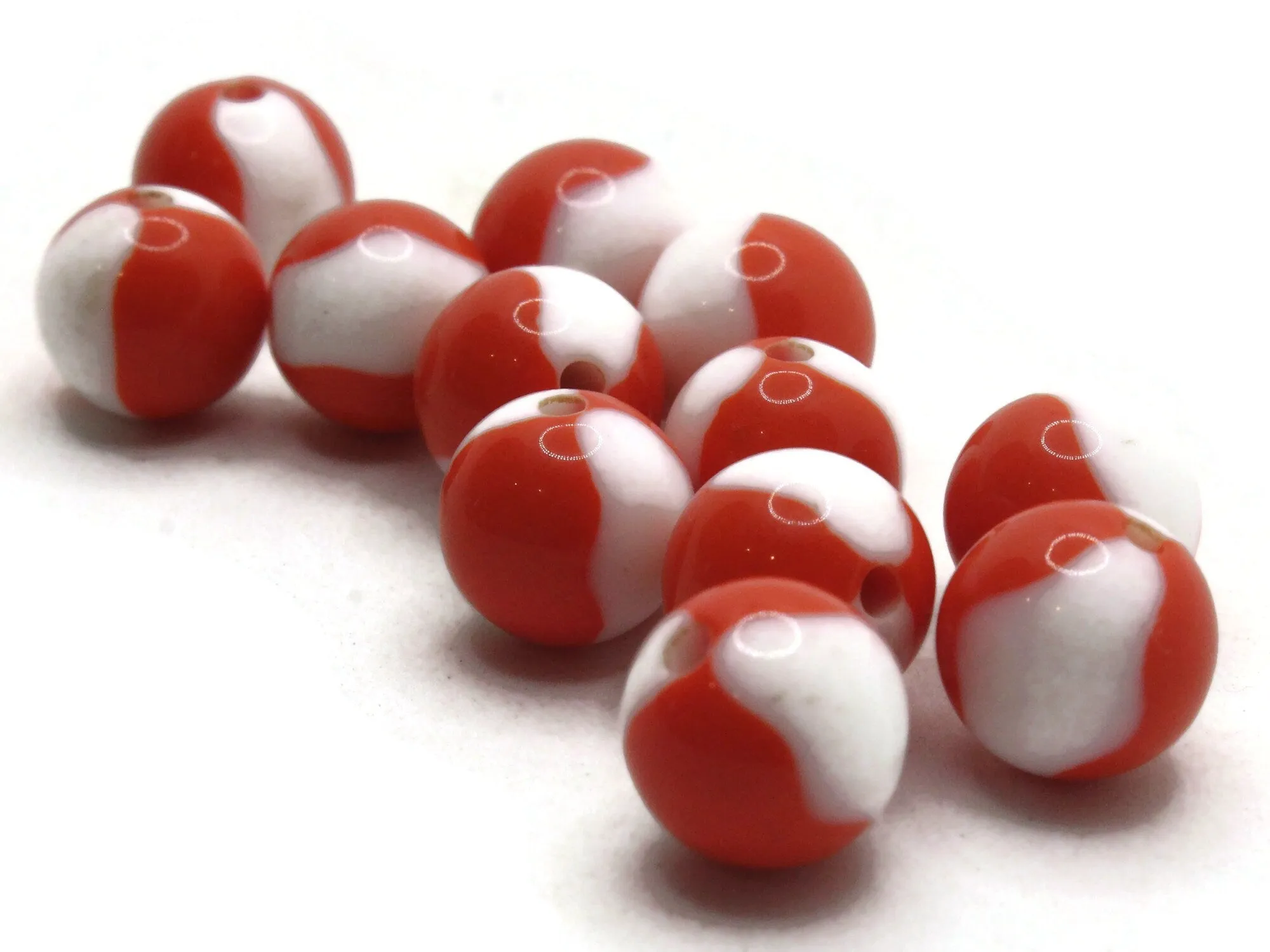 12 10mm Orange and White Vintage Lucite Round Two Tone Plastic Ball Beads