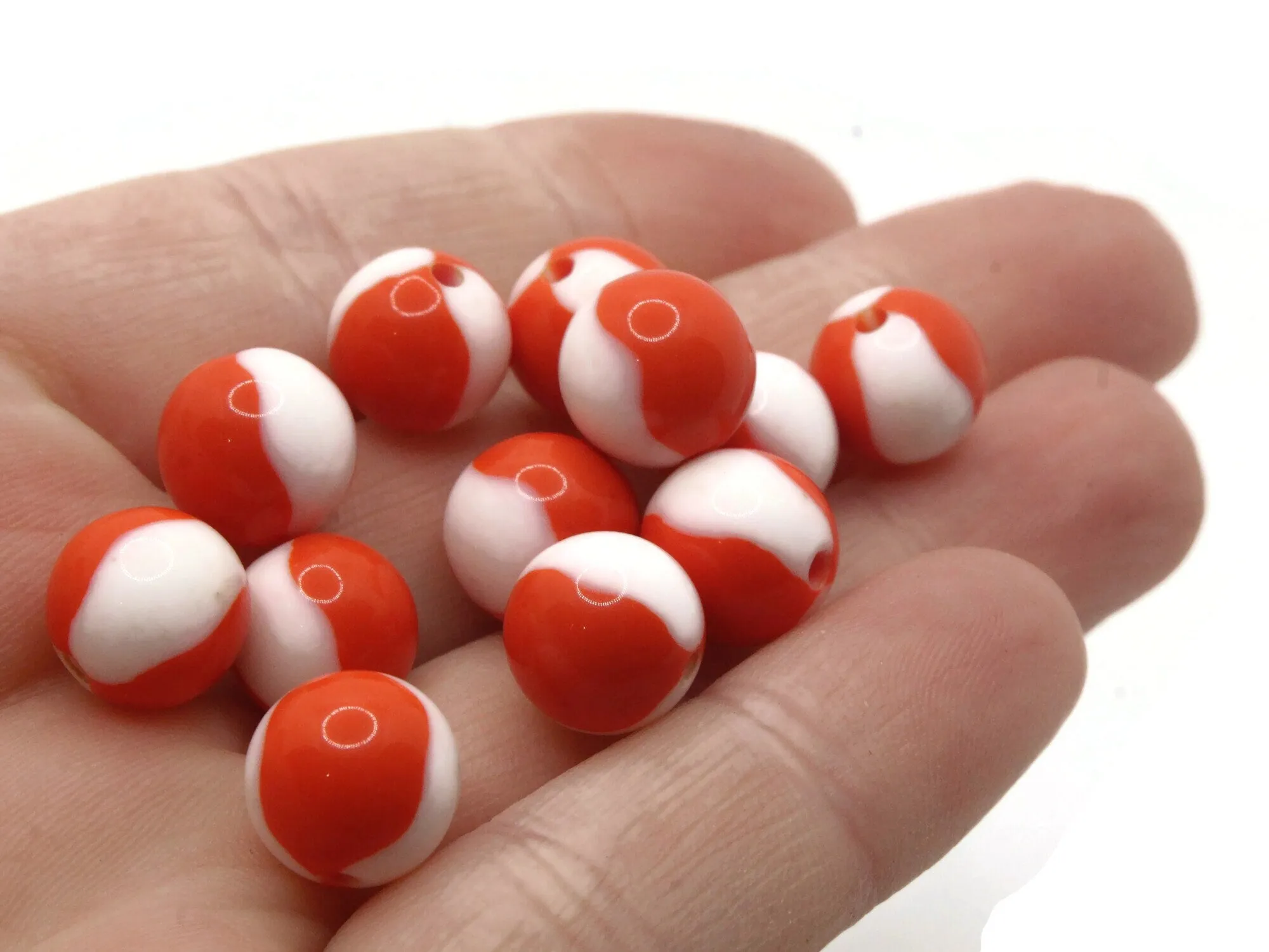 12 10mm Orange and White Vintage Lucite Round Two Tone Plastic Ball Beads