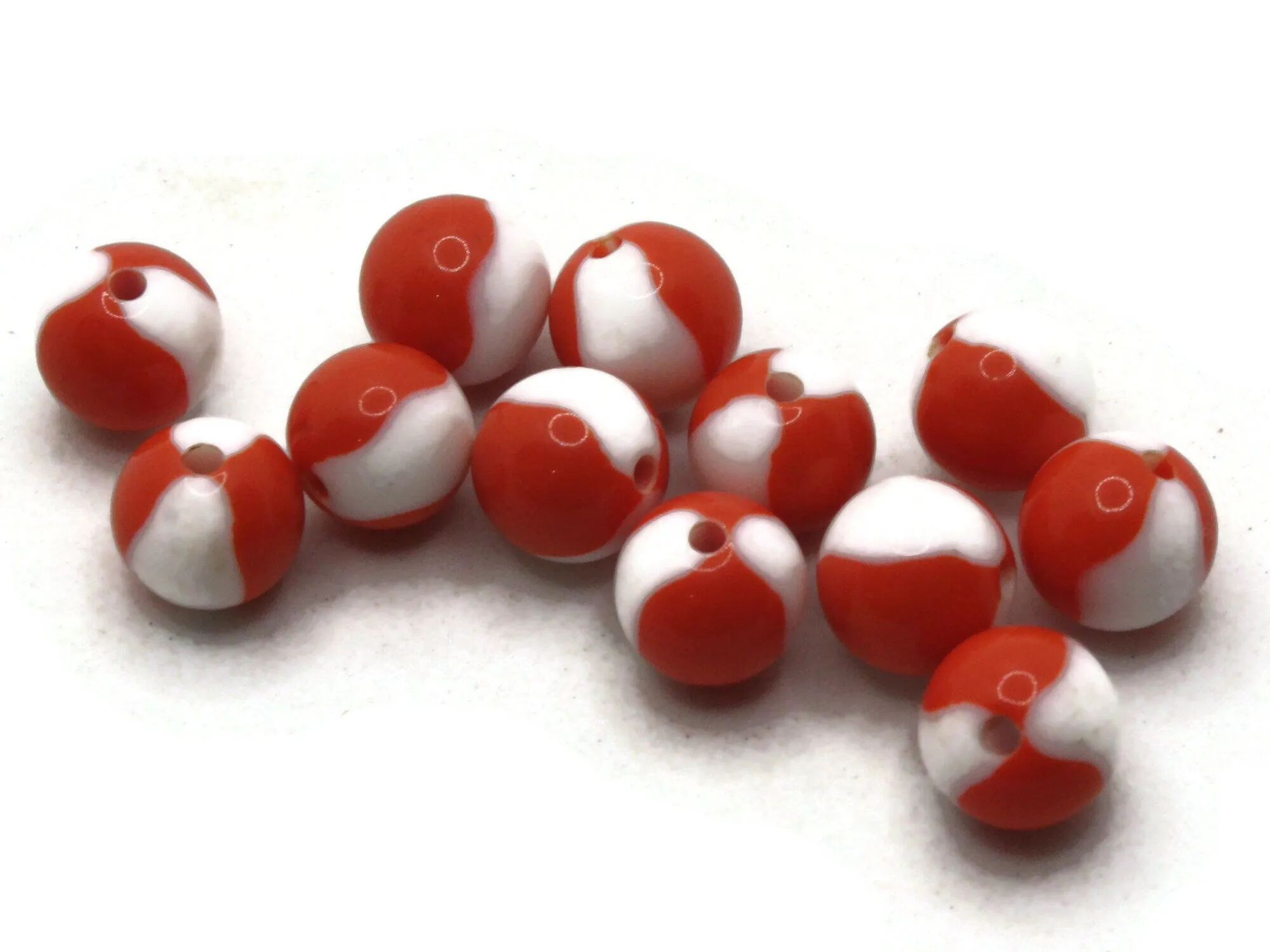 12 10mm Orange and White Vintage Lucite Round Two Tone Plastic Ball Beads