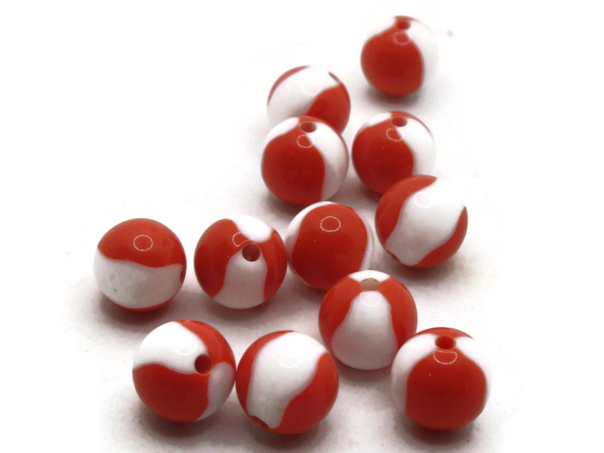 12 10mm Orange and White Vintage Lucite Round Two Tone Plastic Ball Beads