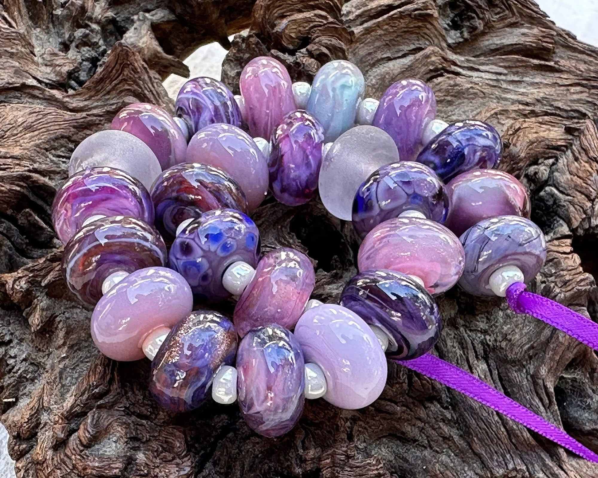 24 Purple Blue Mosaic Lampwork Beads Set SRA