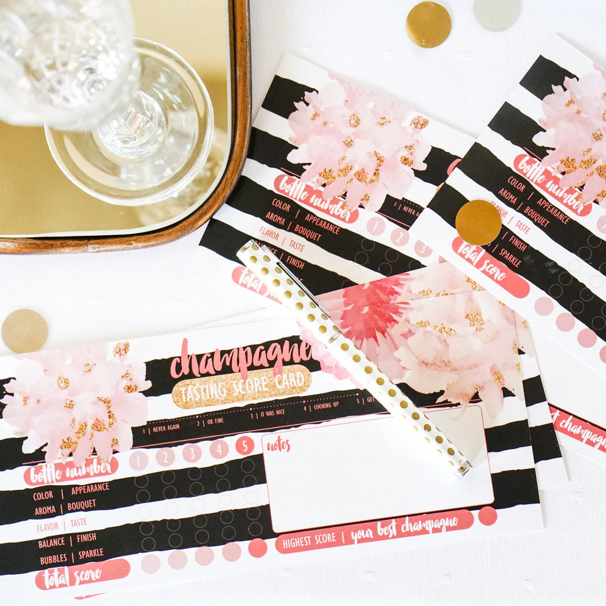 Champagne Party Black & White Tasting Cards | Champagne Tasting Party Score Card