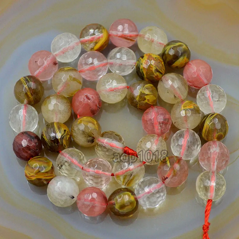 Faceted Natural Colorful Volcano Cherry Quartz Gemstone Round Loose Beads on a 15.5" Strand