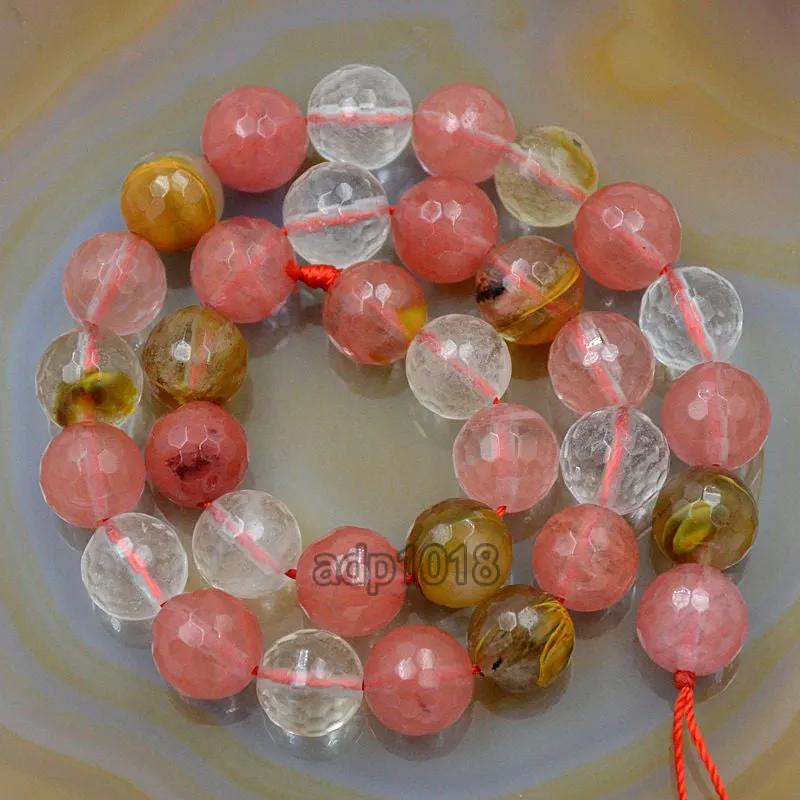 Faceted Natural Colorful Volcano Cherry Quartz Gemstone Round Loose Beads on a 15.5" Strand