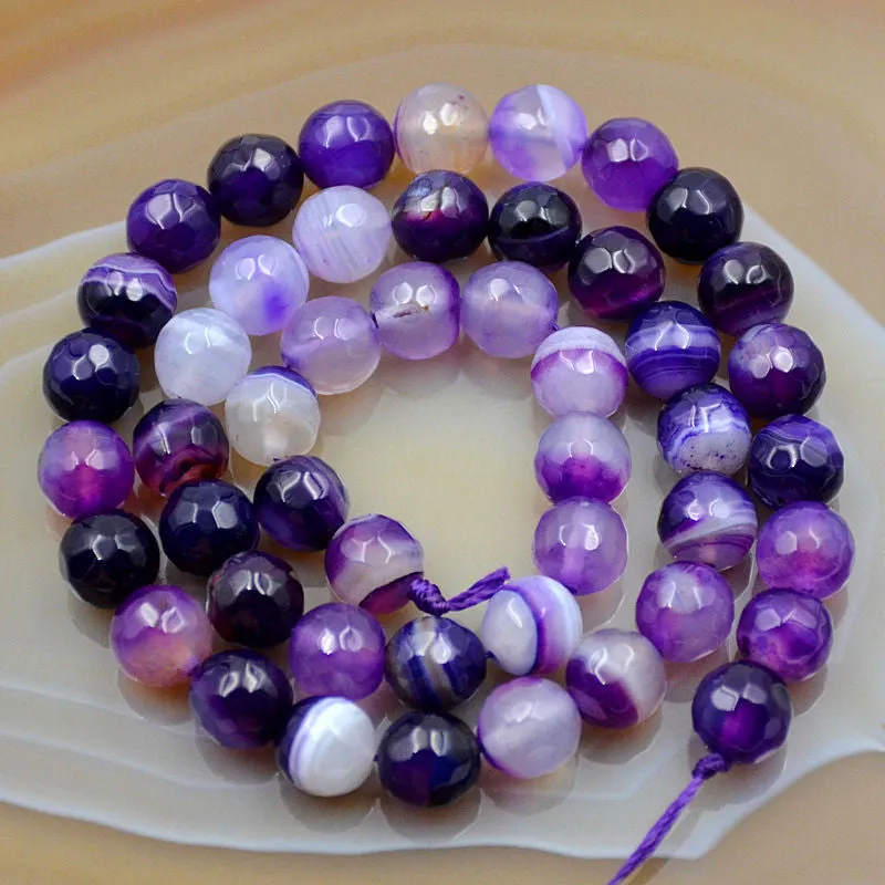 Faceted Natural Purple Striated Agate Gemstone Round Loose Beads on a 15.5" Strand