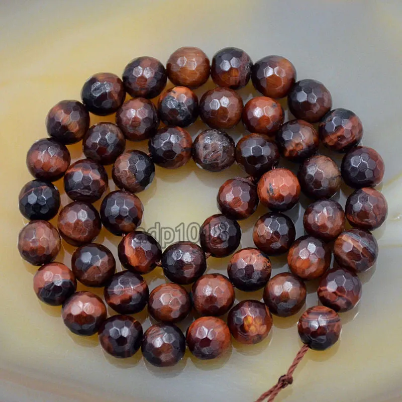 Faceted Natural Red Tiger's Eye Gemstone Round Loose Beads on a 15.5" Strand