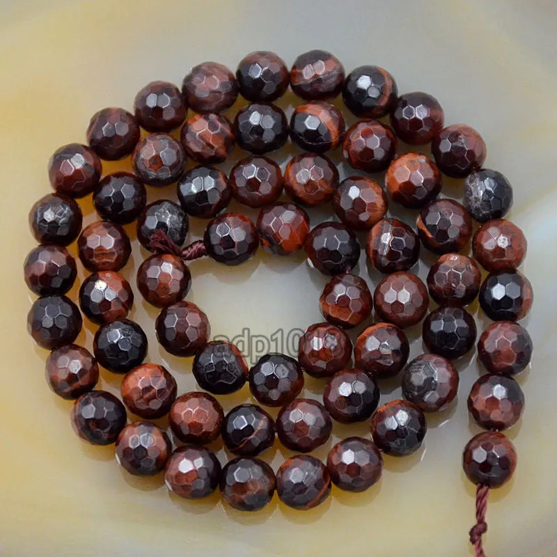 Faceted Natural Red Tiger's Eye Gemstone Round Loose Beads on a 15.5" Strand