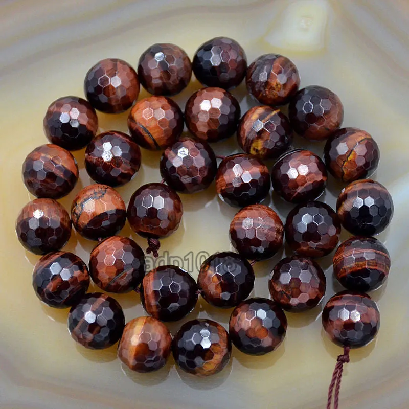 Faceted Natural Red Tiger's Eye Gemstone Round Loose Beads on a 15.5" Strand