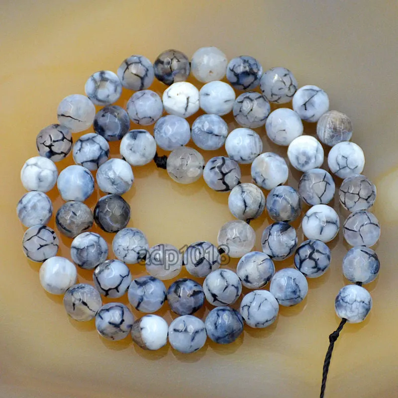 Faceted Natural White Fire Agate Gemstone Round Loose Beads on a 15.5" Strand