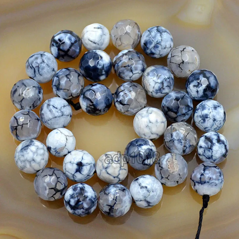 Faceted Natural White Fire Agate Gemstone Round Loose Beads on a 15.5" Strand