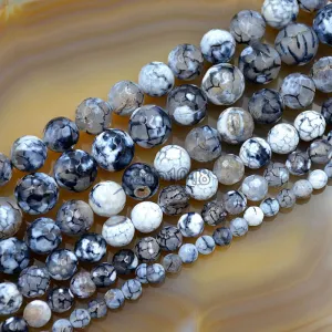 Faceted Natural White Fire Agate Gemstone Round Loose Beads on a 15.5" Strand