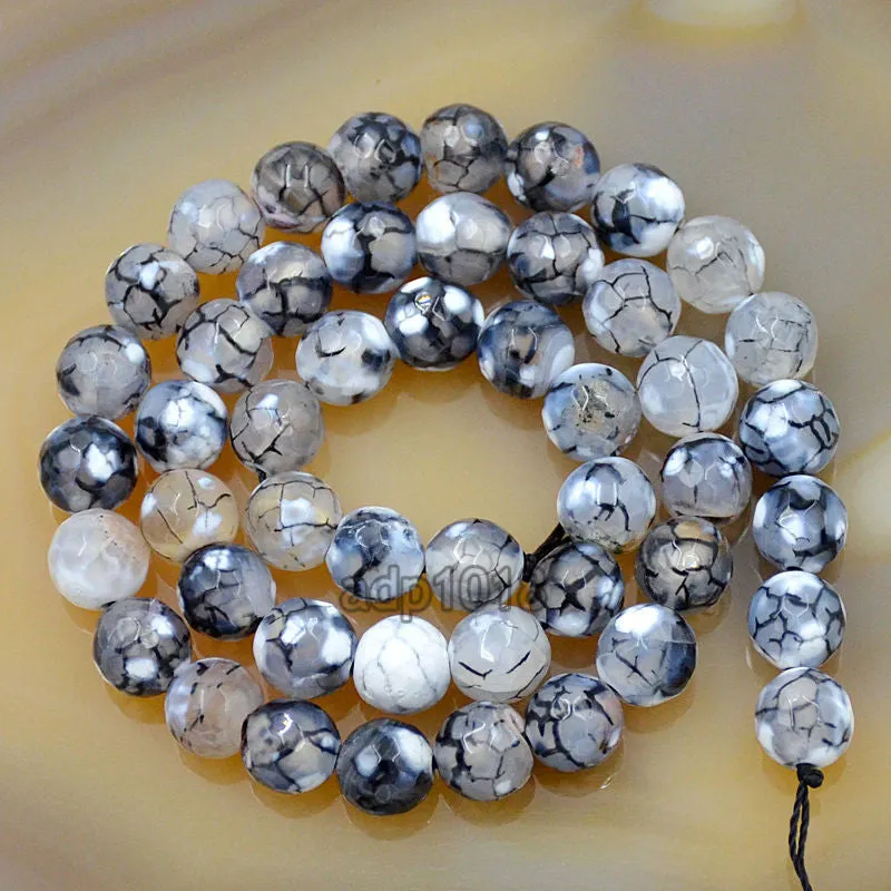 Faceted Natural White Fire Agate Gemstone Round Loose Beads on a 15.5" Strand