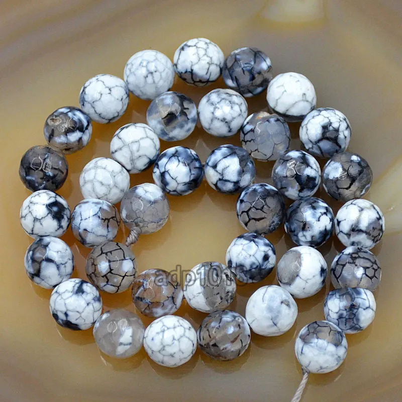 Faceted Natural White Fire Agate Gemstone Round Loose Beads on a 15.5" Strand