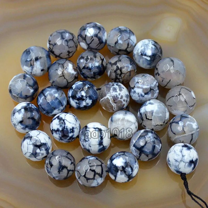 Faceted Natural White Fire Agate Gemstone Round Loose Beads on a 15.5" Strand