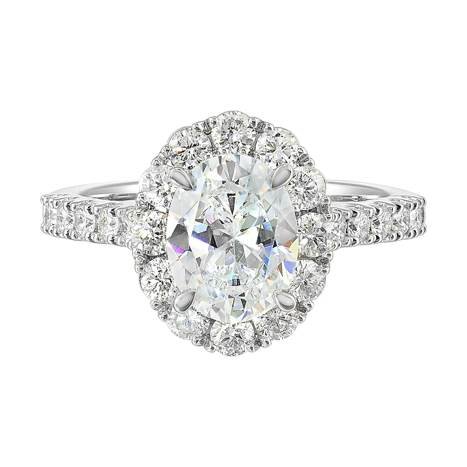 Featuring a mesmerizing floral halo around the solitaire diamond adorned with sparkling diamonds on the shank is perfect for the classic you.