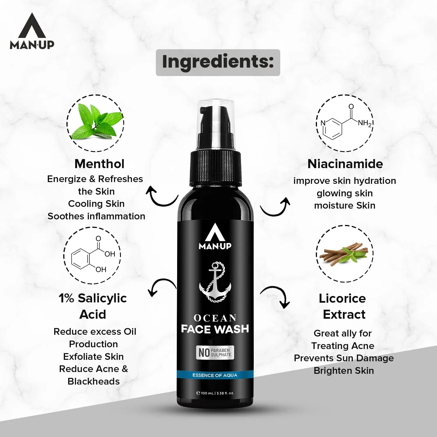 Man-Up Ocean Face Wash Essence of Aqua | For Acne, Black Heads, Pimple, Oily & Sensitive Skin | All Day Refreshing & Long-Lasting Freshness with Menthol for Men – 100ml (Pack of 4)