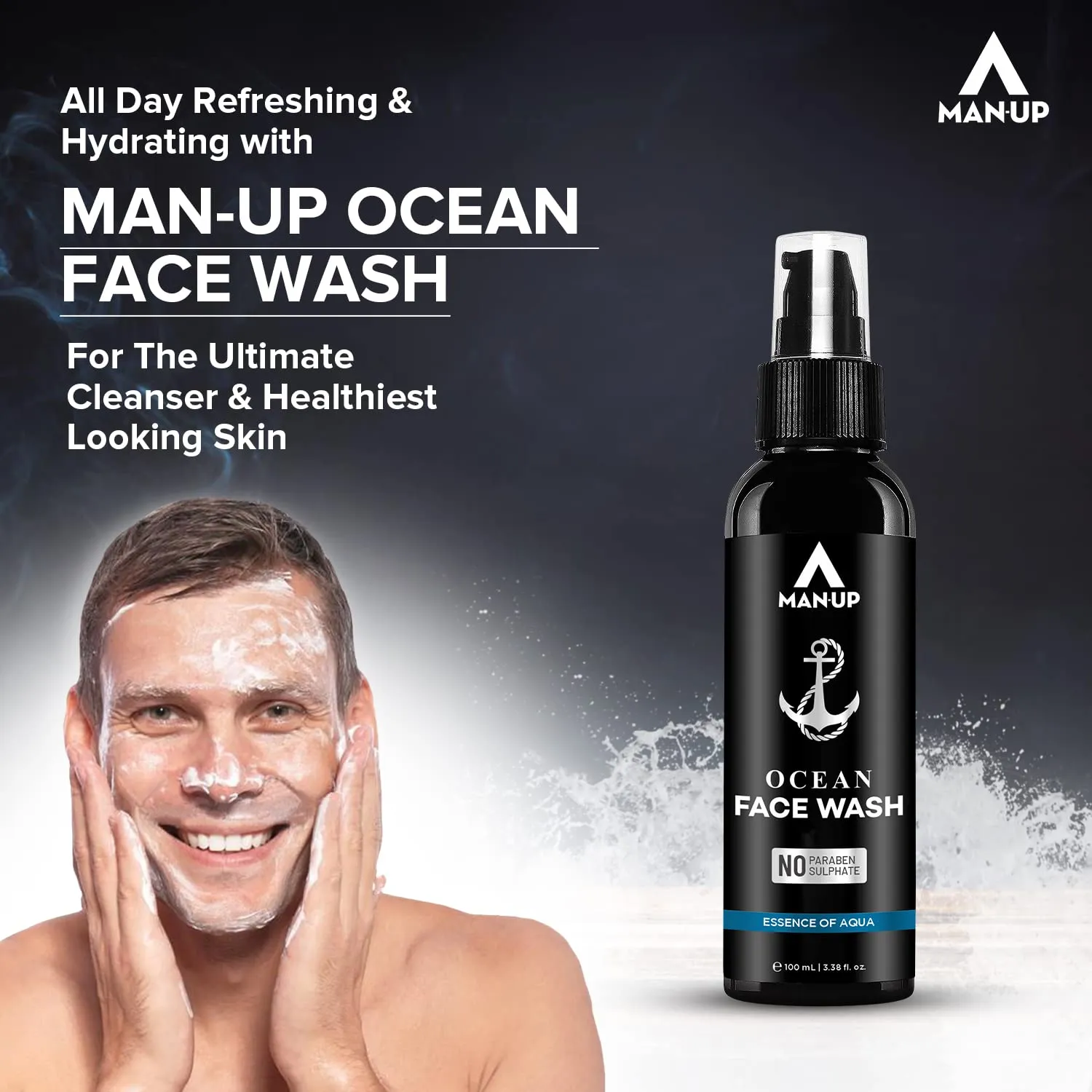 Man-Up Ocean Face Wash Essence of Aqua | For Acne, Black Heads, Pimple, Oily & Sensitive Skin | All Day Refreshing & Long-Lasting Freshness with Menthol for Men – 100ml (Pack of 4)