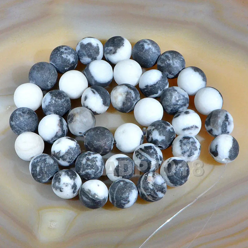 Matte Natural White Black Zebra Gemstone Round Loose Beads on a 15.5" Strand