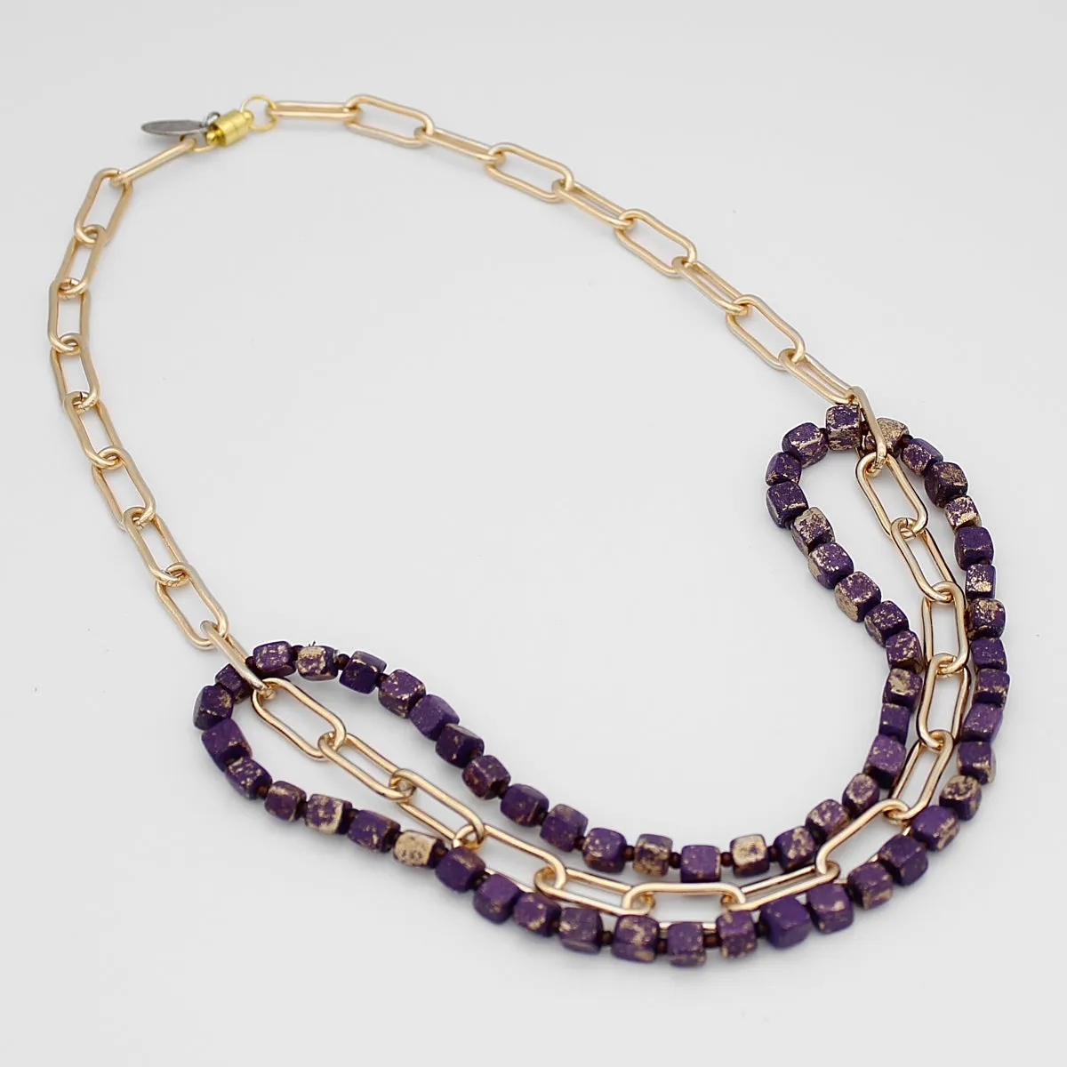 Purple Esther Wood and Chain Link Necklace