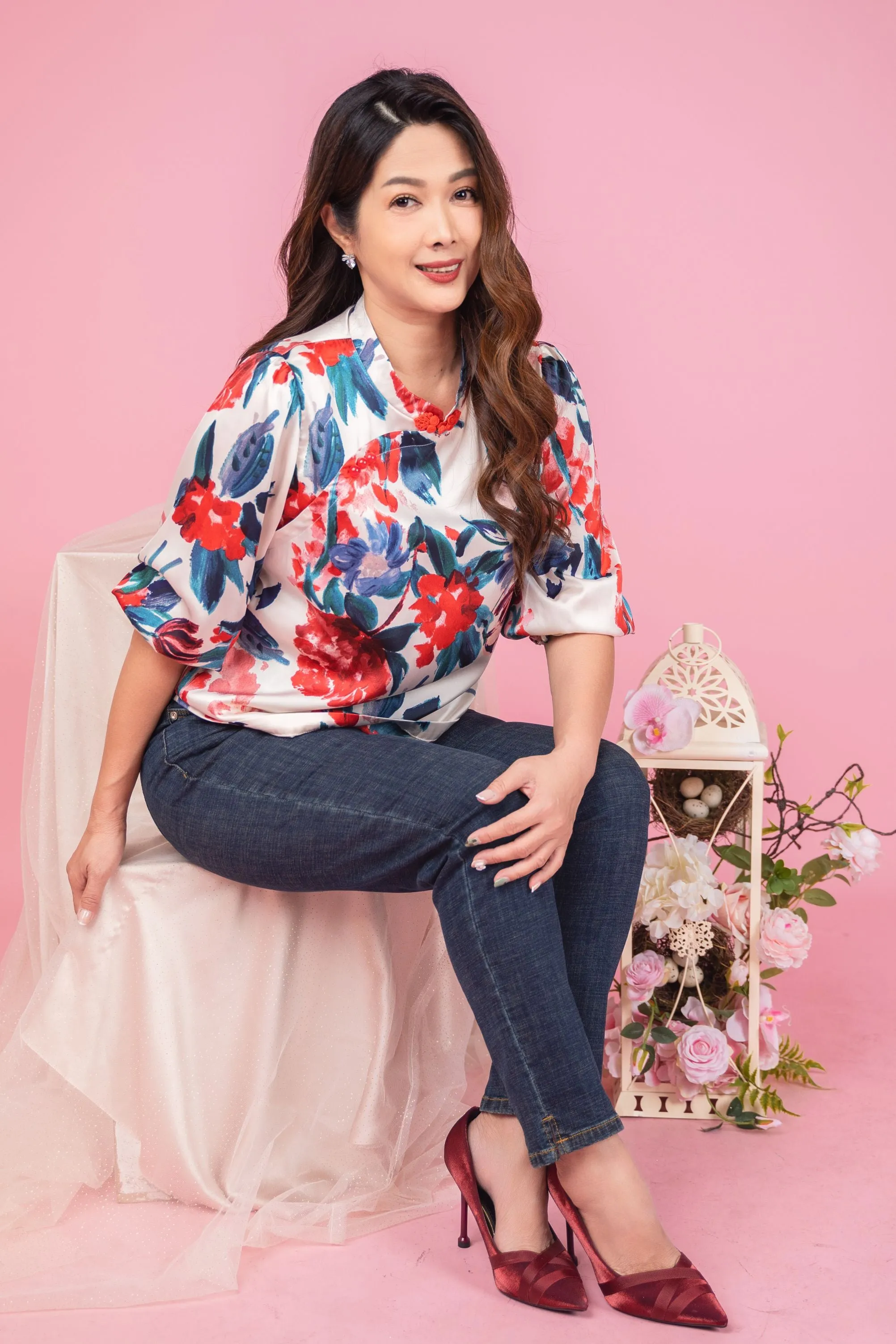 Silky Flower Print Cheongsam Blouse